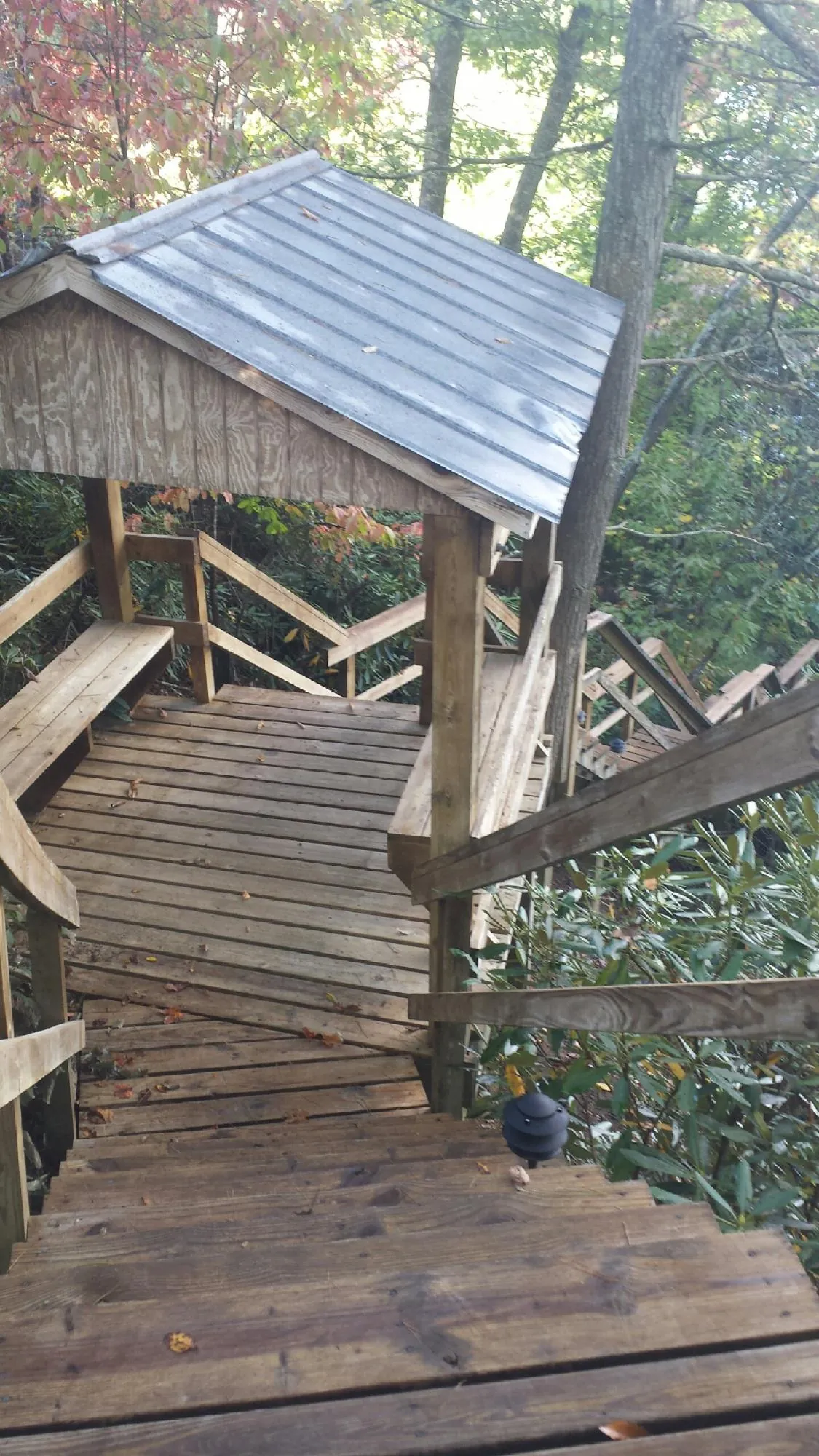 Metal roofed shelter over wooden steps on a wooded walkway — Skylight Repair & Installation work by our crew in Musselshell